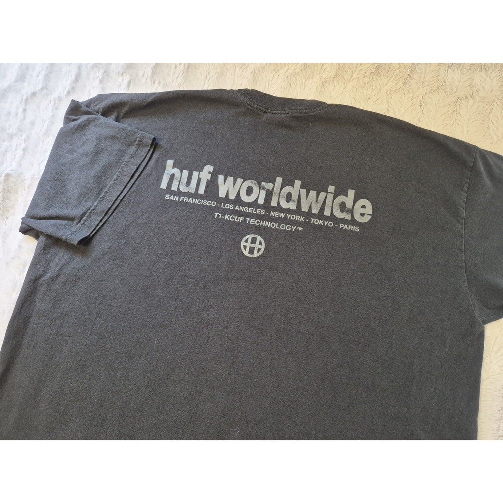 HUF Worldwide Spellout Logo Black T-Shirt Men's 2XL Double Sided Skater Grunge